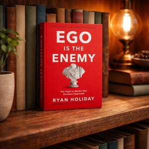 May include: A red book titled "Ego Is The Enemy" by Ryan Holiday, featuring a white bust on the cover. The book is displayed on a wooden shelf with other books and a decorative lamp.