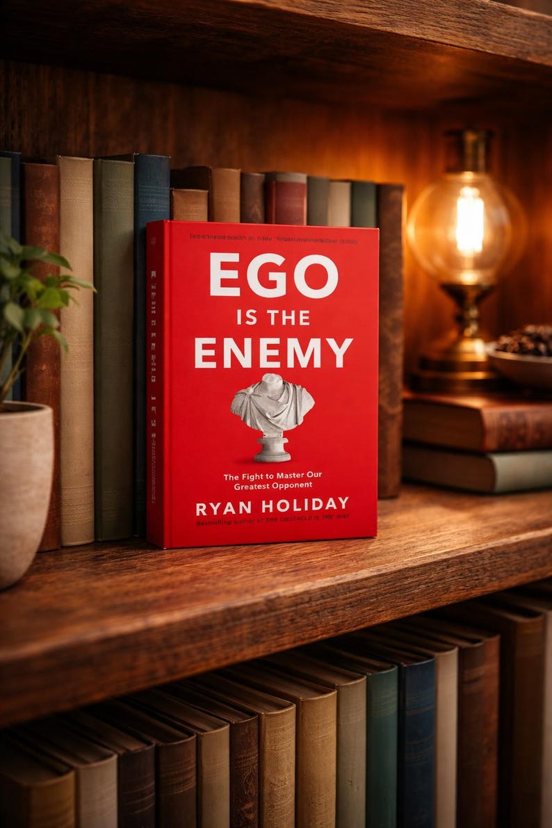 May include: A red book titled "Ego Is The Enemy" by Ryan Holiday, featuring a white bust on the cover. The book is displayed on a wooden shelf with other books and a decorative lamp.