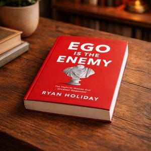 May include: A hardcover book titled "EGO IS THE ENEMY" by Ryan Holiday. The book has a red cover with white text and a bust illustration. The book is on a wooden surface.
