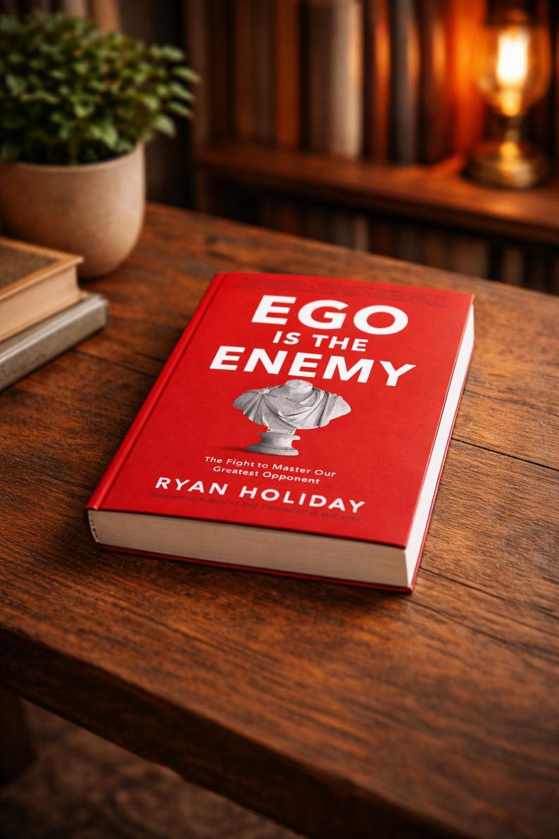 May include: A hardcover book titled "EGO IS THE ENEMY" by Ryan Holiday. The book has a red cover with white text and a bust illustration. The book is on a wooden surface.