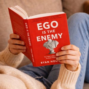 May include: A red book titled "EGO IS THE ENEMY" with a bust illustration. The book is open, revealing white pages. The book is held by a person wearing a beige sweater and blue jeans.