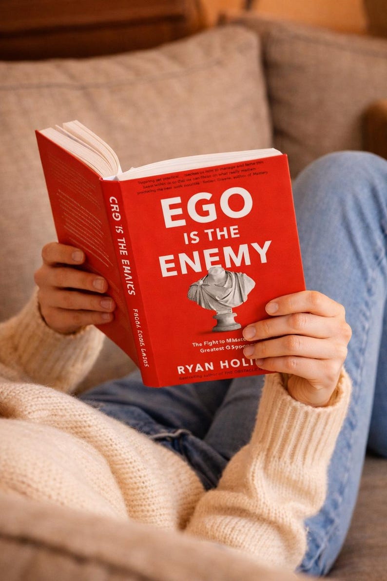 May include: A red book titled "EGO IS THE ENEMY" with a bust illustration. The book is open, revealing white pages. The book is held by a person wearing a beige sweater and blue jeans.