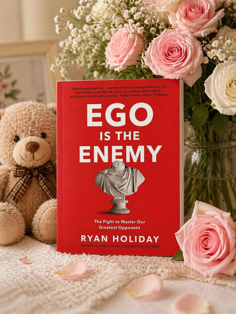 May include: A hardcover book titled "Ego Is The Enemy" with a red cover and white text. The book features a bust illustration. A teddy bear and a bouquet of pink roses are in the background.