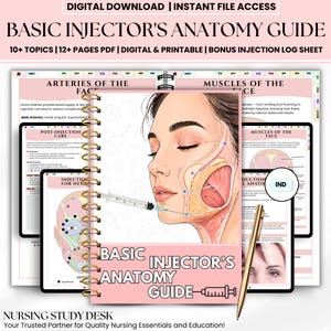 May include: A spiral-bound Basic Injector's Anatomy Guide featuring a pink cover with an illustration of a face and a syringe. The guide includes 12+ pages of educational content on facial arteries, muscles, and post-injection care for medical study.
