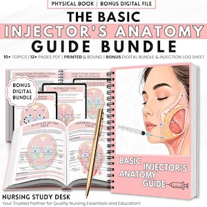 May include: A spiral-bound physical book titled The Basic Injector's Anatomy Guide Bundle, featuring anatomical illustrations of the face, injection planes, and arteries. Includes a bonus digital file, a gold pen, and an injection log sheet.