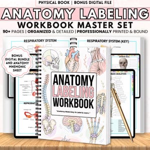 May include: Anatomy labeling workbook master set with 90+ pages, professionally printed and bound. Includes a bonus digital bundle and anatomy mnemonic sheet. Features detailed illustrations of the respiratory system, reproductive system, and skeletal structures.