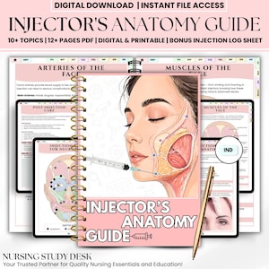 May include: A pink spiral-bound guide titled "Injector's Anatomy Guide" with the text "10+ Topics | 12+ Pages PDF | Digital & Printable | Bonus Injection Log Sheet." The guide features anatomical illustrations and a pen.