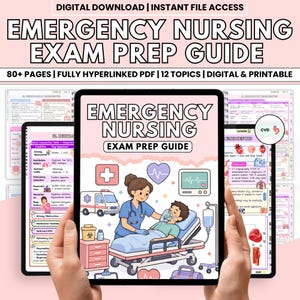 May include: Digital download of an Emergency Nursing Exam Prep Guide. The cover features a nurse attending to a patient on a hospital bed, with an ambulance and medical symbols. The guide includes 80+ pages, 12 topics, and is fully hyperlinked.