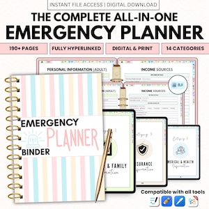 May include: An emergency planner binder with a pastel striped cover, gold spiral binding, and the words "Emergency Planner Binder." The image also shows digital planner pages with various categories, including personal information and income sources. A gold pen rests on the pages.