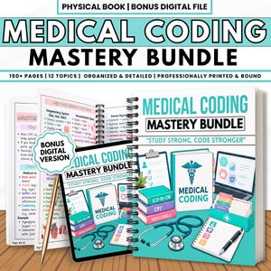 May include: A Medical Coding Mastery Bundle with a physical book and bonus digital file. The image shows a stack of books, notebooks, and a laptop, along with a stethoscope and pen. The text includes "Study Strong, Code Stronger."
