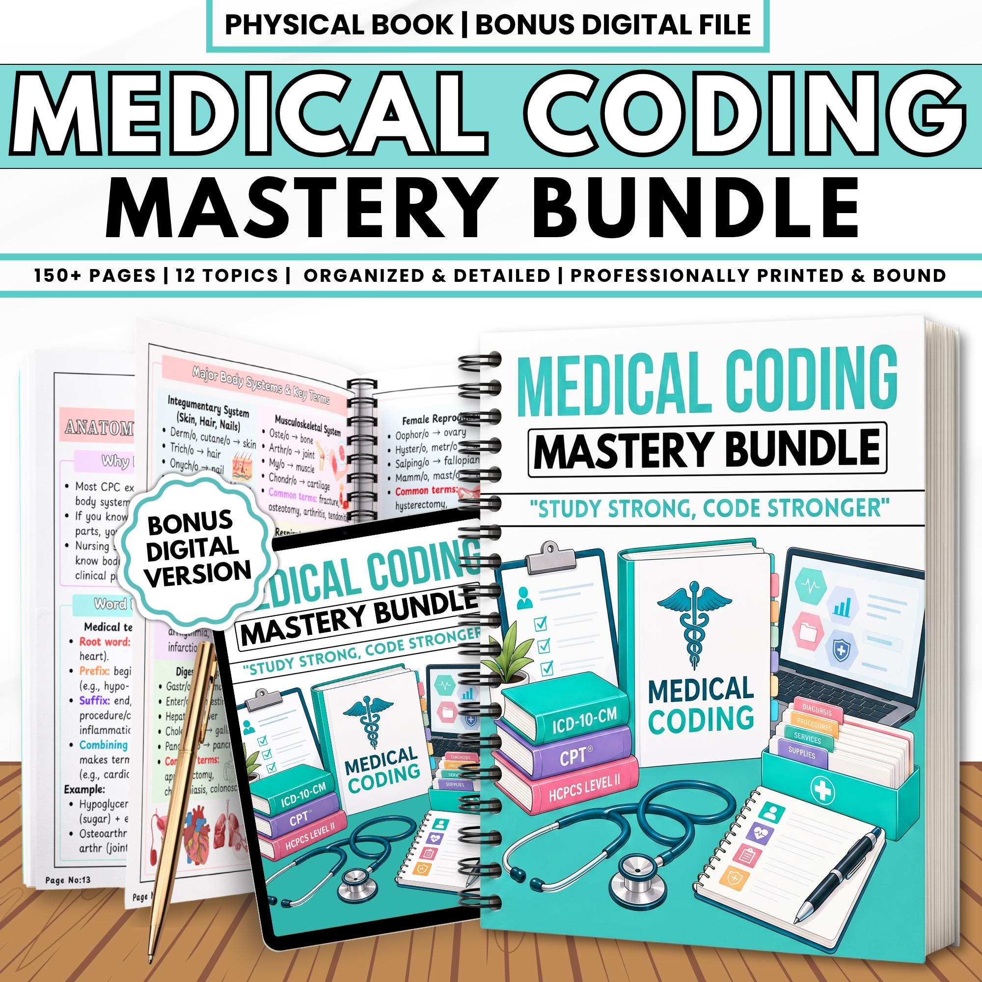 Medical Coding Physical Study Bundle ICD-10 CM & Procedure Coding Notes Coding Cheat Sheets Free Digital PDF