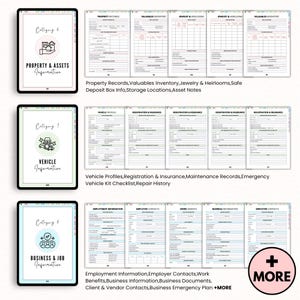 May include: Digital planner pages displayed on a tablet. The pages include Property & Assets, Vehicle, and Business & Job Information. The pages are organized with headings and lines for detailed record-keeping. The image also includes a "+ MORE" button.