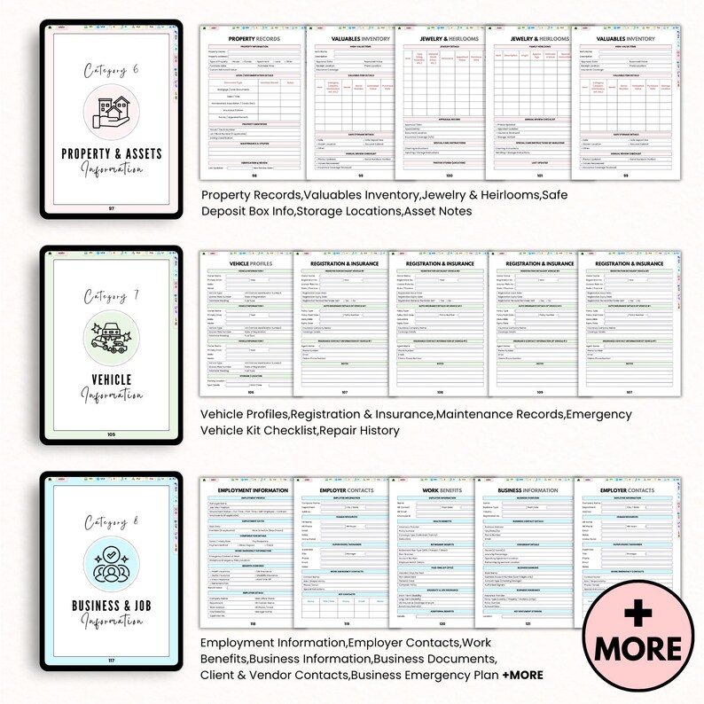 May include: Digital planner pages displayed on a tablet. The pages include Property & Assets, Vehicle, and Business & Job Information. The pages are organized with headings and lines for detailed record-keeping. The image also includes a "+ MORE" button.