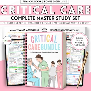May include: A complete master study set for critical care, including a physical book and digital files. The cover features a colorful title and illustrations of medical professionals caring for patients. Includes 115+ pages, 40 topics, and is professionally printed and bound.