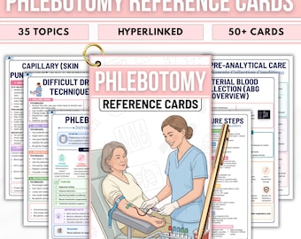 Phlebotomy Reference Cards PDF, Nursing Student Study Guide, Blood Draw Cheat Sheet, Venipuncture Notes, Med Lab Tech Exam Prep, Digital
