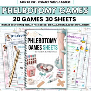 Puede incluir: Una colección de hojas de juegos de flebotomía encuadernadas en espiral con ilustraciones médicas de suministros de extracción de sangre, incluidos tubos de ensayo, un contenedor de objetos punzantes, agujas y un brazo humano.