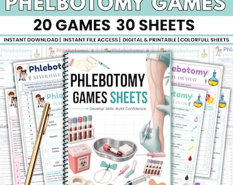 Phlebotomy Games Sheets Bundle | Phlebotomy Study Guide Activities | Venipuncture Practice Worksheets | Quiz & Word Search PDF