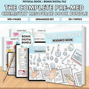 May include: The Complete Pre-Med Chemistry Resource Book Bundle, featuring a physical book and a bonus digital file. The cover displays the title and illustrations of lab equipment. Includes 105+ pages, an organized set, and 35+ topics.