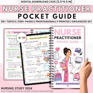 Könnte beinhalten: Ein Nurse Practitioner Pocket Guide mit Spiralbindung, mit einem rosa Umschlag mit einer Illustration einer Krankenschwester. Der Leitfaden enthält medizinische Diagramme, Diagramme und den Text "Clinical Essentials On-The-Go". Die digitale Download-Größe beträgt 8,89 x 16,51 cm.