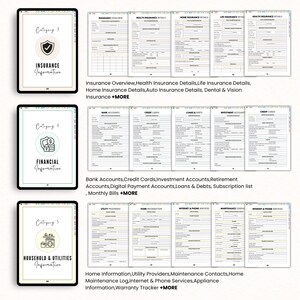 May include: Digital planner pages displayed on tablets. The pages cover insurance, financial, and household information. Each category is labeled with a title and icon. The insurance section includes details on various types of insurance.