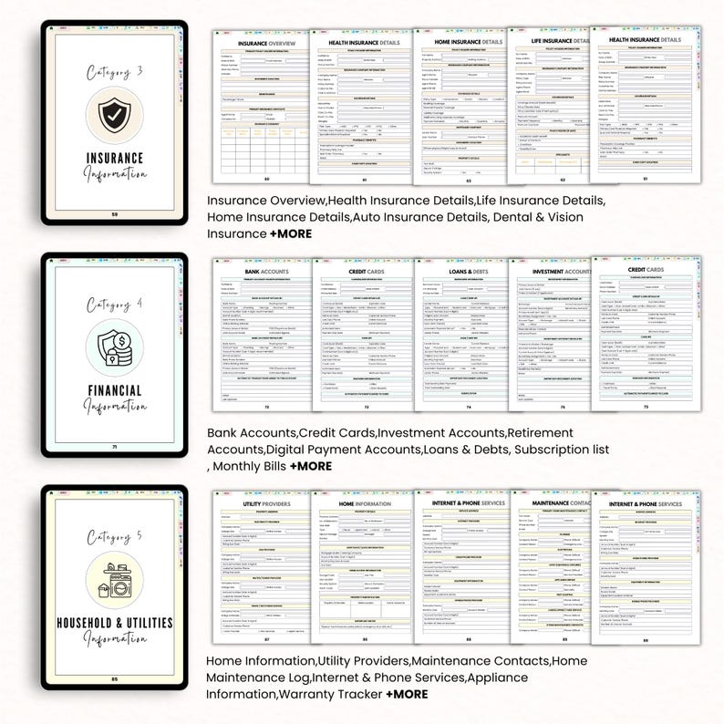 May include: Digital planner pages displayed on tablets. The pages cover insurance, financial, and household information. Each category is labeled with a title and icon. The insurance section includes details on various types of insurance.