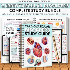 May include: A spiral-bound Cardiovascular Disorders Study Guide featuring a central heart illustration surrounded by smaller medical diagrams, including a person clutching their chest, a blood pressure gauge, and a leg, with a gold pen resting on top.