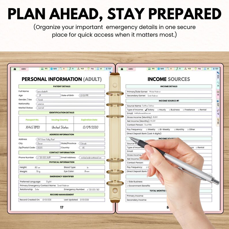 May include: A pink binder with the text "PLAN AHEAD, STAY PREPARED" and forms for personal and income information. The forms include sections for patient details, identification, address, and emergency contact information. A hand is holding a pen over the income sources section.