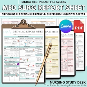 May include: A digital Med Surg Report Sheet template for nursing students and professionals. The document includes sections for patient background, vital signs, assessment, lab results, and care plans. It features a gold pen and a clipboard.