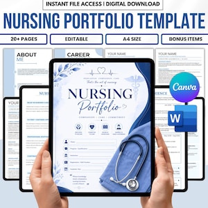 Może przedstawiać: Cyfrowy szablon portfolio pielęgniarskiego z okładką z niebieskimi akcentami kwiatowymi, stetoskopem i tekstem Nursing Portfolio, Dedication, Compassion, Care, Commitment. Zawiera 20+ edytowalnych stron A4 dla Canva i programu Word.