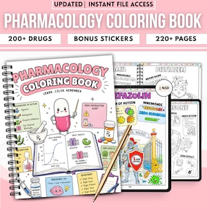 May include: A spiral-bound "Pharmacology Coloring Book" with the text "Learn. Color. Remember." The book features illustrations of drugs, diagrams, and the text "200+ Drugs," "Bonus Stickers," and "220+ Pages."