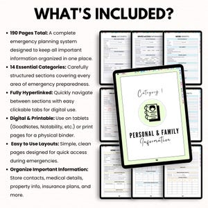 May include: Digital emergency planning system displayed on tablets. The image shows a tablet with the text "PERSONAL & FAMILY Information" and other pages with various categories. The text "WHAT'S INCLUDED?" is at the top, with bullet points describing the system's features.