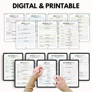 May include: Digital and printable planner pages with various categories, including property records, medical summaries, and household member details. The image shows several tablets and printed pages with forms for organizing information.