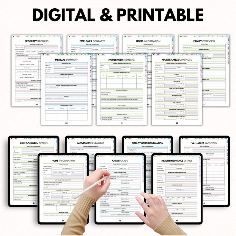 May include: Digital and printable planner pages with various categories, including property records, medical summaries, and household member details. The image shows several tablets and printed pages with forms for organizing information.