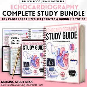 May include: An echocardiography study bundle with a physical book and digital file. The cover of the study guide features a heart illustration and the text "ECHOCARDIOGRAPHY STUDY GUIDE". The bundle includes 80+ pages, is organized, printed, and bound.