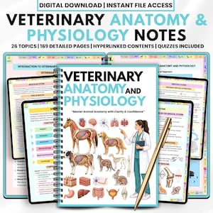 Puede incluir: Un cuaderno encuadernado en espiral titulado "Notas de anatomía y fisiología veterinaria" con ilustraciones de anatomía animal. La imagen incluye tabletas digitales que muestran contenido relacionado y un bolígrafo dorado. El texto incluye "Descarga digital" y "26 temas".
