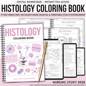 May include: A spiral-bound histology colouring book with a light pink cover featuring purple biological illustrations and a microscope. The book includes 150+ pages, 17 sections, and is fully hyperlinked. A gold pen rests on the cover, with additional digital pages displayed in the background.