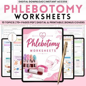 May include: Digital phlebotomy worksheets are displayed on a tablet. The title "Phlebotomy Worksheets" is in pink and white. The image includes illustrations of medical equipment. The worksheets cover 10 topics and include over 70 pages in PDF format, available digitally and printable.