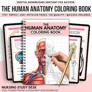 Könnte beinhalten: Ein Malbuch mit dem Titel "The Human Anatomy Coloring Book" mit einer detaillierten Illustration des menschlichen Kopfes. Das Bild enthält den Text: "170+ Topics | 450+ Detailed Pages | HD Quality | Quizzes Included". Das Buch wird mit digitalen Tablets angezeigt.