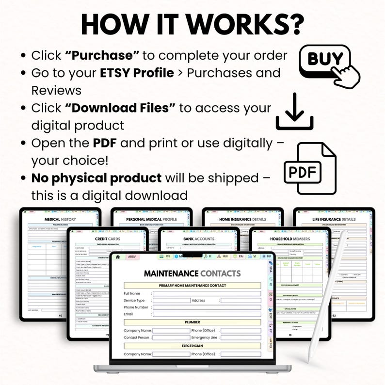 May include: A digital download guide displayed on a laptop and tablets, showing how to purchase and access the product. The guide includes instructions on downloading PDF files. The screens display forms for medical history, credit cards, and maintenance contacts.