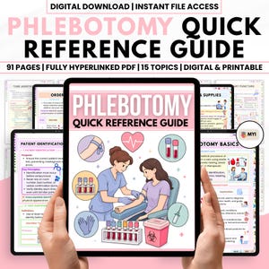 Könnte beinhalten: Digitaler Download eines Phlebotomie-Schnellreferenzleitfadens. Der Leitfaden umfasst 91 Seiten, 15 Themen und ist vollständig verlinkt. Das Cover zeigt eine medizinische Illustration eines Phlebotomisten, der Blut von einem Patienten abnimmt.