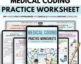 Medical Coding Worksheets Printable pdf, icd-10-CM CPT HCPCS Practice Questions, Quizzes & Abbreviations, 80+ Sheets