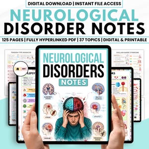Könnte beinhalten: Digitaler Download von "Neurologische Störungsnotizen" auf einem Tablet. Das Bild zeigt den Titel, eine Grafik eines Gehirns und Illustrationen neurologischer Erkrankungen. Der Text enthält "125 Seiten", "37 Themen" und "digital & druckbar".
