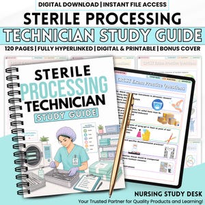 Può includere: Una guida allo studio digitale per tecnici di sterilizzazione di 120 pagine, con collegamenti ipertestuali e formato stampabile. La copertina mostra l'illustrazione di un tecnico in divisa con attrezzature mediche e un tablet con domande.