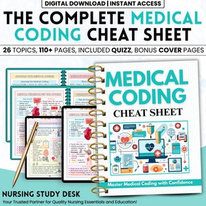 Può includere: Un promemoria per la codifica medica con rilegatura a spirale, intitolato "THE COMPLETE MEDICAL CODING CHEAT SHEET". La copertina è bianca con testo e illustrazioni turchesi. Include 26 argomenti, oltre 110 pagine, un quiz e pagine di copertina bonus.