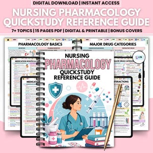 Peut inclure: Un guide de référence rapide de pharmacologie infirmière à télécharger numériquement. La couverture présente une infirmière, des illustrations médicales et le titre. Le guide comprend des sujets, des pages et des couvertures bonus. Le texte comprend "Téléchargement numérique" et "Accès instantané".