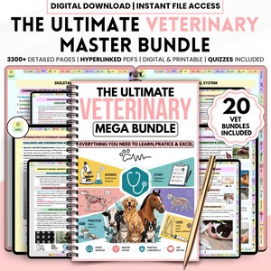 May include: A digital veterinary master bundle, featuring the text "THE ULTIMATE VETERINARY MEGA BUNDLE" on the cover. The image includes illustrations of animals and medical tools. Contains over 3300 pages, hyperlinked PDFs, digital and printable content, and quizzes.