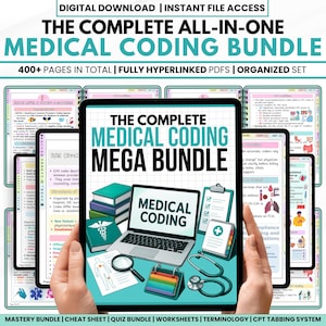 Może przedstawiać: Cyfrowy pakiet do pobrania do kodowania medycznego, z tekstem "The Complete All-In-One Medical Coding Bundle". Obrazek przedstawia tablet wyświetlający "The Complete Medical Coding Mega Bundle" z laptopem, stetoskopem i innymi grafikami medycznymi.