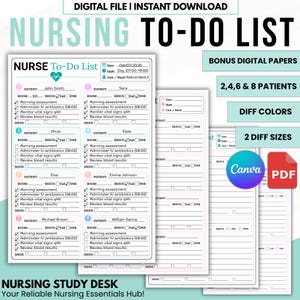 May include: A digital nursing to-do list template featuring sections for eight patients with fields for name, room, resus, and medical tasks. The document includes checkboxes for morning assessments, IV antibiotics, vital signs, and blood results.