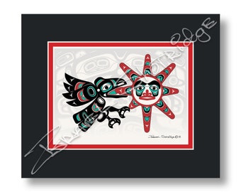 Raven Stealing the Sun & House Screen 10" X 8" Matted Art Card / Tlingit Northwest Native American Artist Israel Shotridge