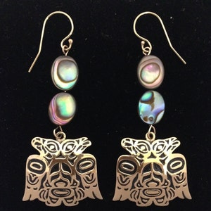 Alchemia Zero Gold & Abalone Lovebird Dangle Earrings, Northwest Native Design Earrings image 1